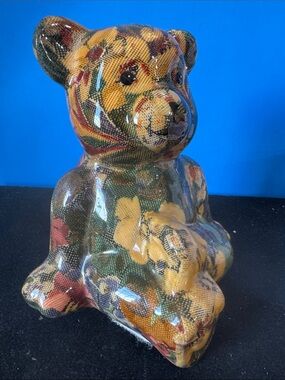 Vintage Joan Baker Designs Decoupage Porcelain Patchworks Teddy Bear Figurine